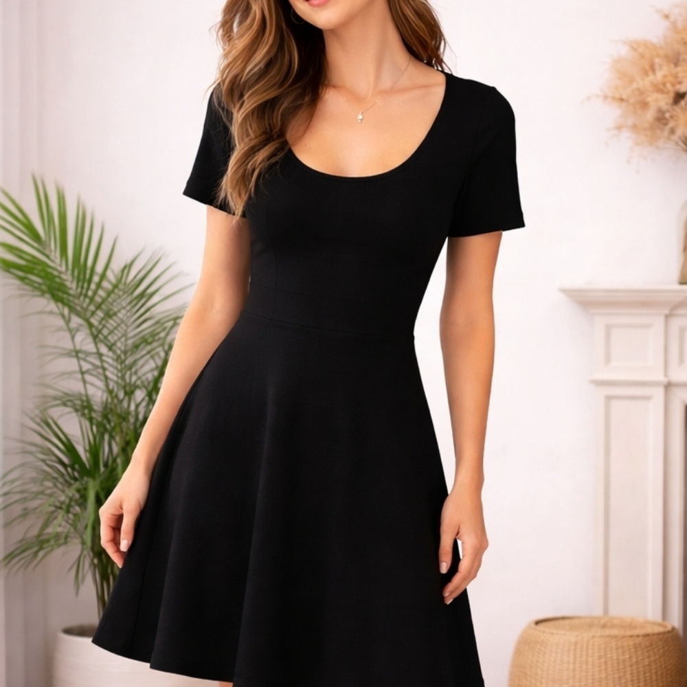 White House Black Market Black Fit Flare Dress Stretch Jersey Knit Small - Picture 2 of 7